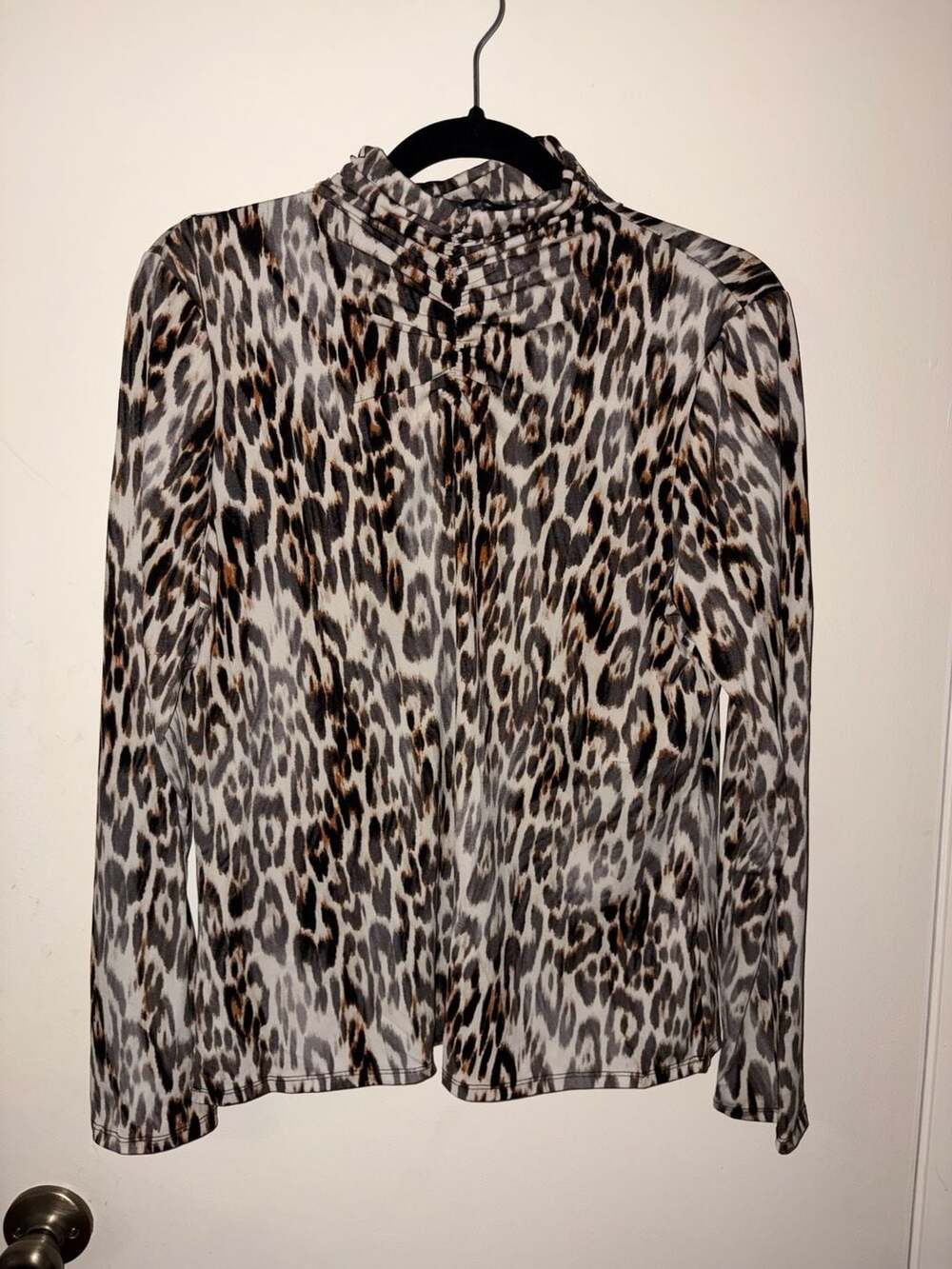 Rachel Roy Leopard Print Ruched Mock Neck Long Sleeve Top
